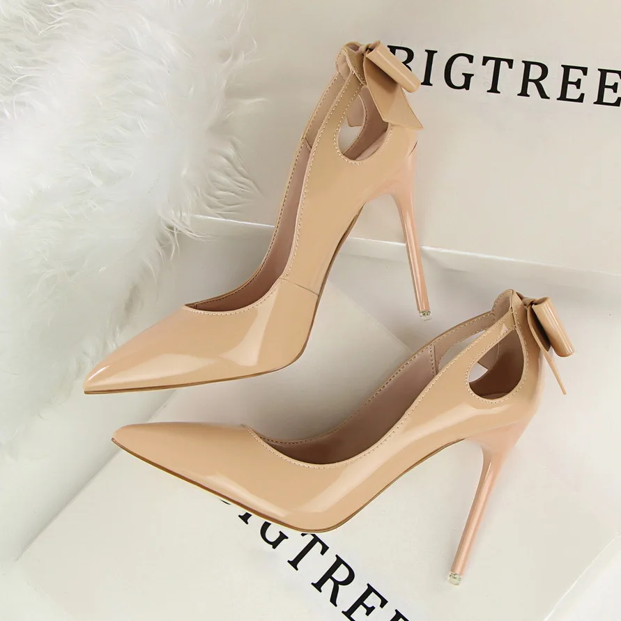 

New Women Pumps Shoes Patent Leather Bow Hollow Pointed Toe Shallow Slip-On 10cm Thin High Heels Party Lady Sexy Female Shoes