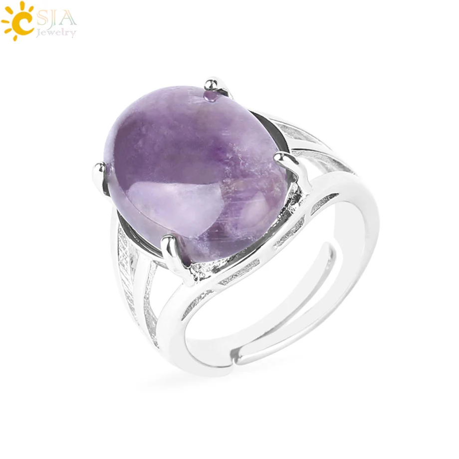 

CSJA Women Ring Natural Stone Pink Quartz Purple Crystal Opening Rings Opal Oval Bead Adjustable Size Party Fashion Jewelry F551