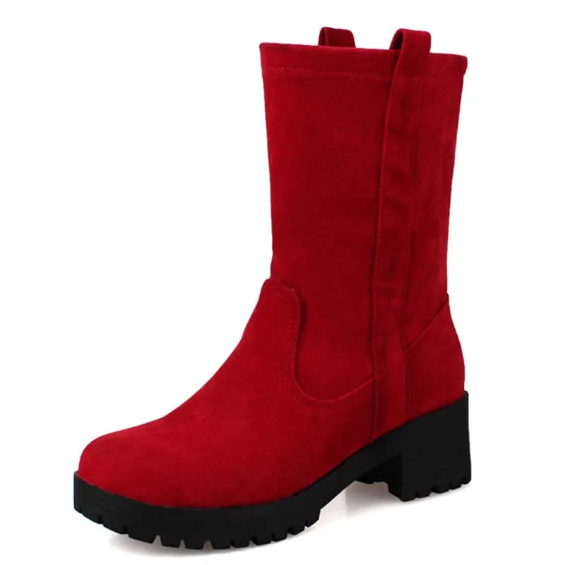 

Big Size 34-43 Quality Imported Matte Mid-Calf  Round Toe Square Heel Slip-On Boots For Women 3-color New Fashion Boots