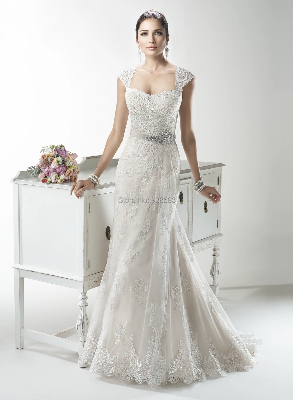 Detachable Cap Sleeves Lace Wedding Dress Beaded Sash Elegant
