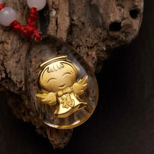 

24K Yellow Gold &Crystal Pendant Woman's Lucky FU Smile Angel Gift 30*20mm Hot Sale