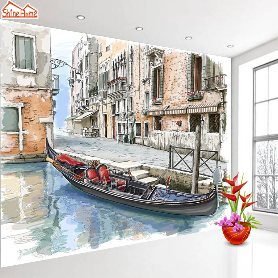 

ShineHome-Venice Water City Boat Painting Wallpaper Wall Art 3d Murals for Walls 3 d Wallpapers for Livingroom 3 d Mural Roll