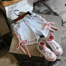 Детские джинсовые шорты Одежда для маленьких девочек летние новые детские джинсы на шнуровке для девочек, Свободные повседневные ковбойские шорты для подростков Y864