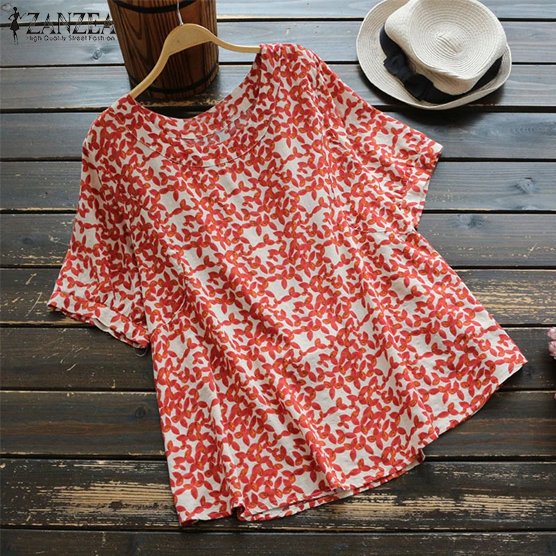 

Plus Size 2019 ZANZEA Summer Women O Neck Short Sleeve Floral Printed Blouse Casual Loose Beach Party Shirt Work Top