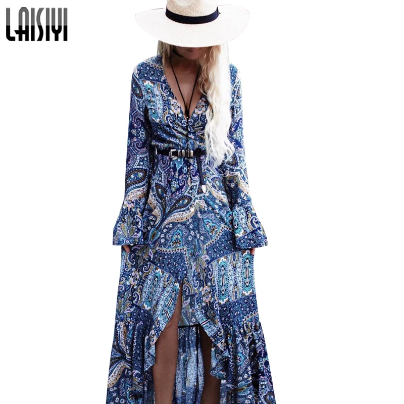 

LAISIYI Vintage Bohemian Womens Summer Dresses 2019 Long Sleeve Maxi Dresses Sexy V neck Boho Long Beach Dress ASDR20133