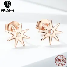 BISAER, 925 пробы, серебряные, сияющие звезды, геометрические, изысканные, маленькие серьги-гвоздики для женщин, Стерлинговое Серебро, ювелирное изделие ECE568