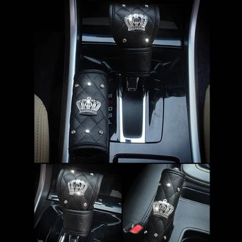 

Car Seat Belt Cover Leather Seat Belt Shoulder Pad Crown Crystal Rhinestones Diamond Shifter Gear Cover Hand Brake Covers Sets