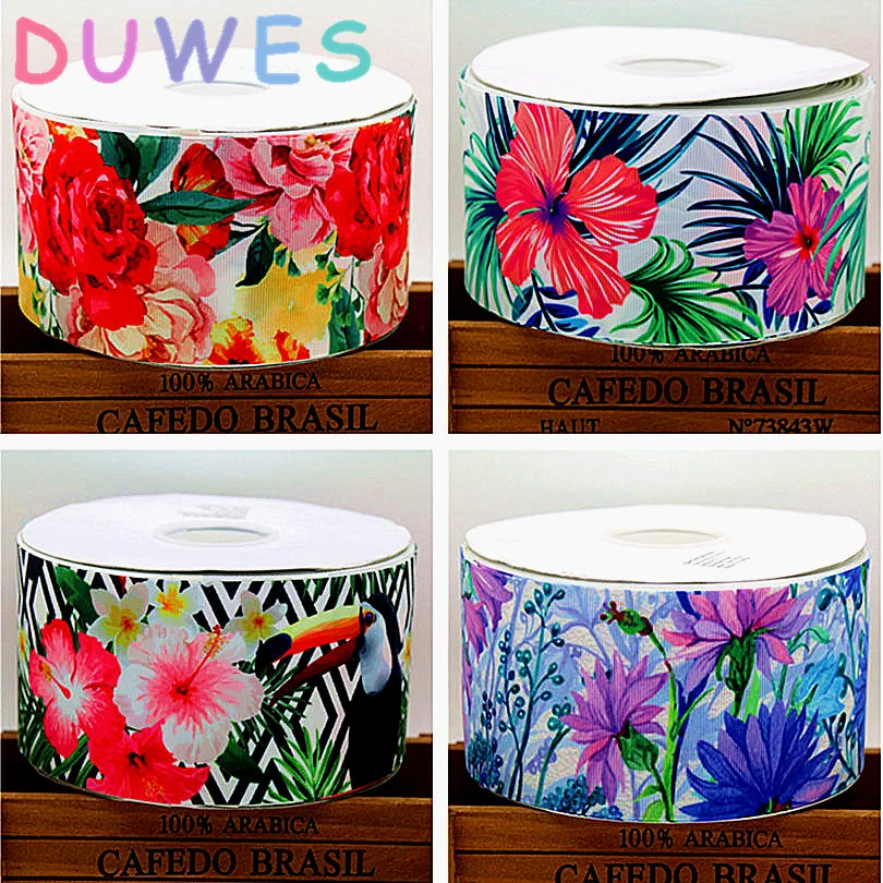 DUWES 3 ''Бесплатная доставка цветы птица Печать grosgrain ленточный аксессуар бант