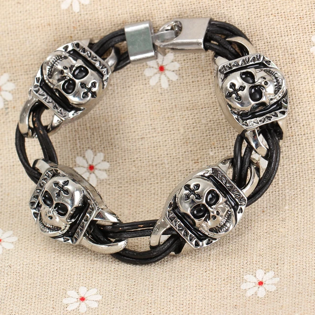 Punk Style Men Charm Bracelet Silver Color Skeleton Handmade Leather Punk Style Men Charm Bracelet Silver Color Skeleton Handmade Leather Strap Rock Pulseiras Masculinas