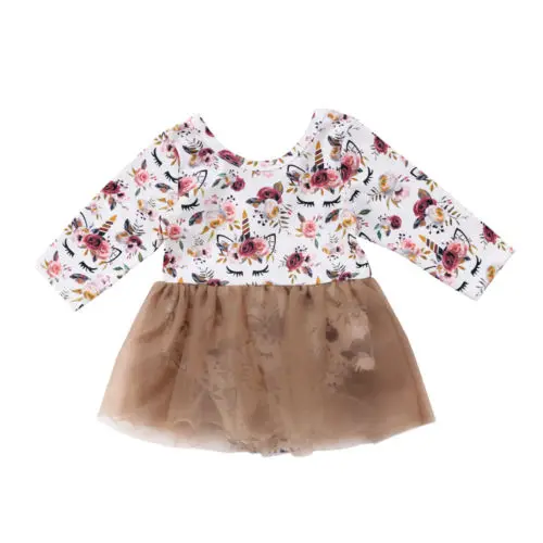 

Newest Kids Baby Girl Floral brown Dresses cartoon horse print summer party Clothes long sleeve Tulle tutu fashion Dress 2018