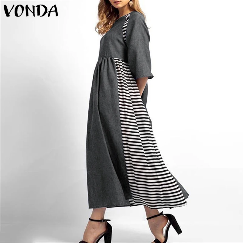 Kaftan Женский Осенний сарафан большого размера VONDA макси длинные платья с коротким рукавом льняные рубашки Платье женское Повседневное платье 5XL