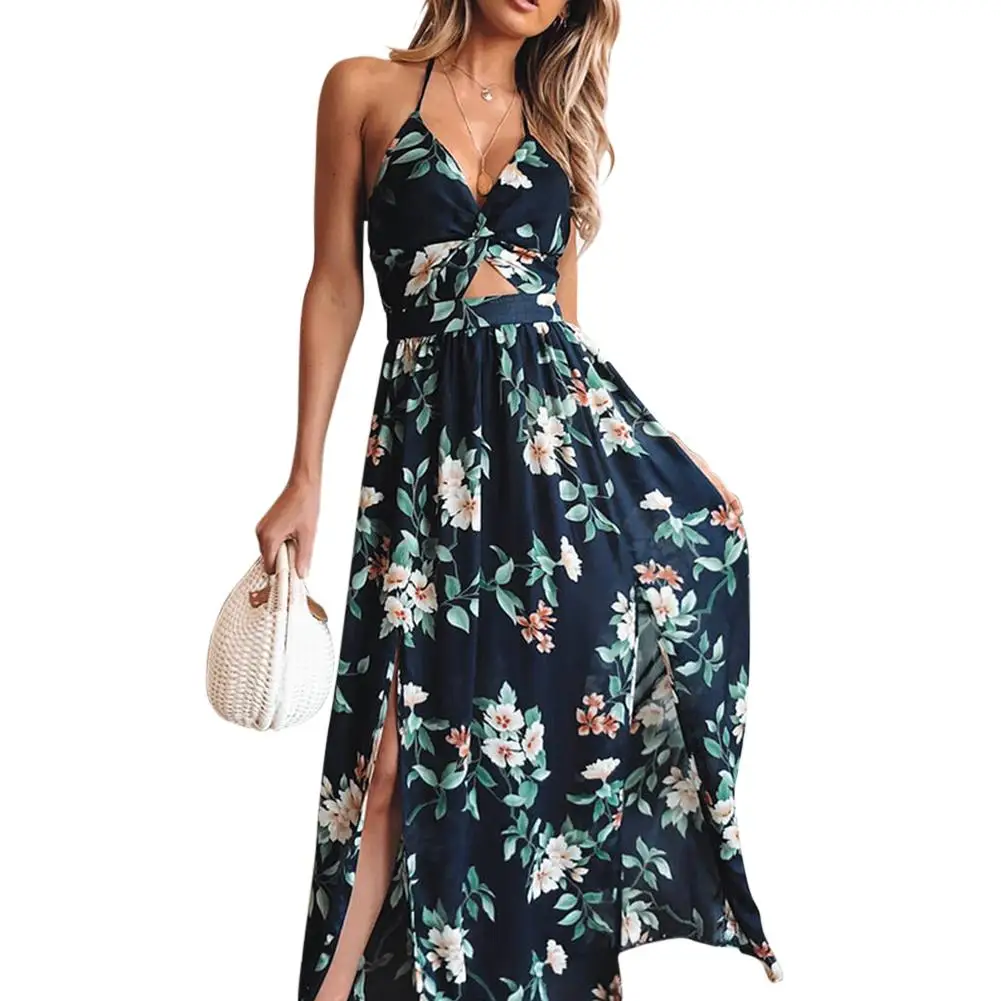 

2019 New Yfashion Women Summer Chic Pringting Sexy Halter Backless Long Beach Sling Dress