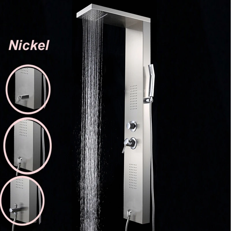 Luxury Brushed Nickel Waterfall Rainfall Shower Head Faucet Shower Column Massage Jet W/ Hand shower Tub Spout Shower Panel
