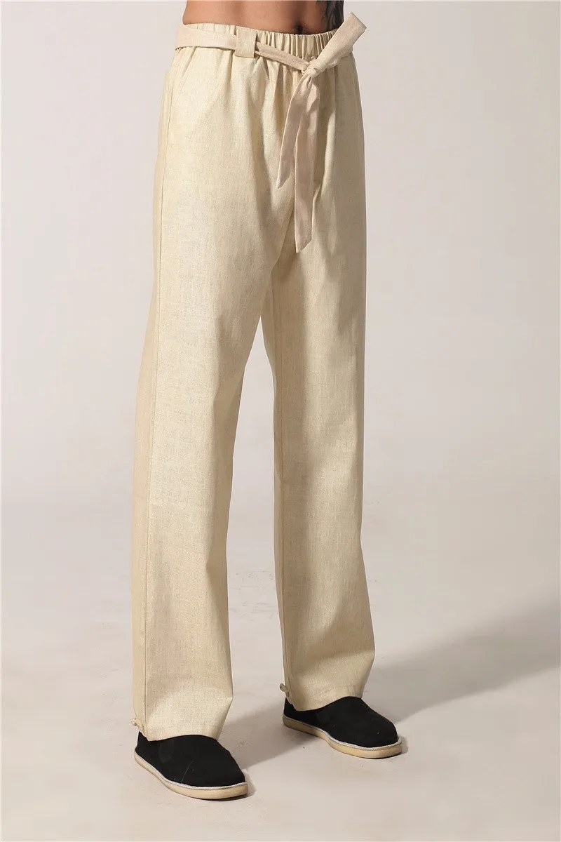 Высококачественные бежевые китайские традиционные мужские кунг-фу льняные хлопковые брюки Wu Shu одежда M L XL XXL XXXL WNS031813