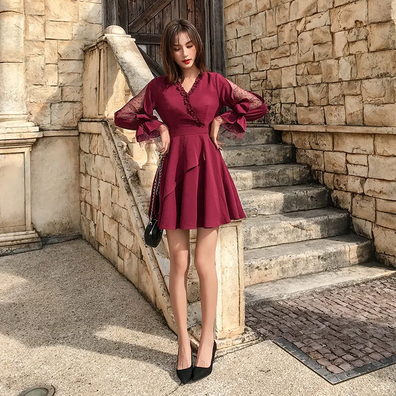 

Net red wind 2019 spring new women's red chiffon dress female Korean version of the high waist A word dress