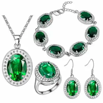 

Earrings Ring Pendant Necklace BRACELET Style Round 925 Sterling Green Emerlad Jewelry Sets For Women