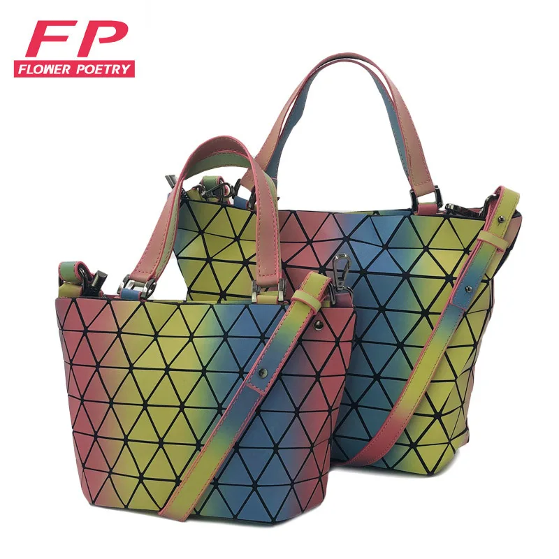 

Fashion Women Shoulder Bags Bucket Bag Geometic rainbow Laser Plain Folding Bags Luminous Handbags Pu Female Casual Tote Bag