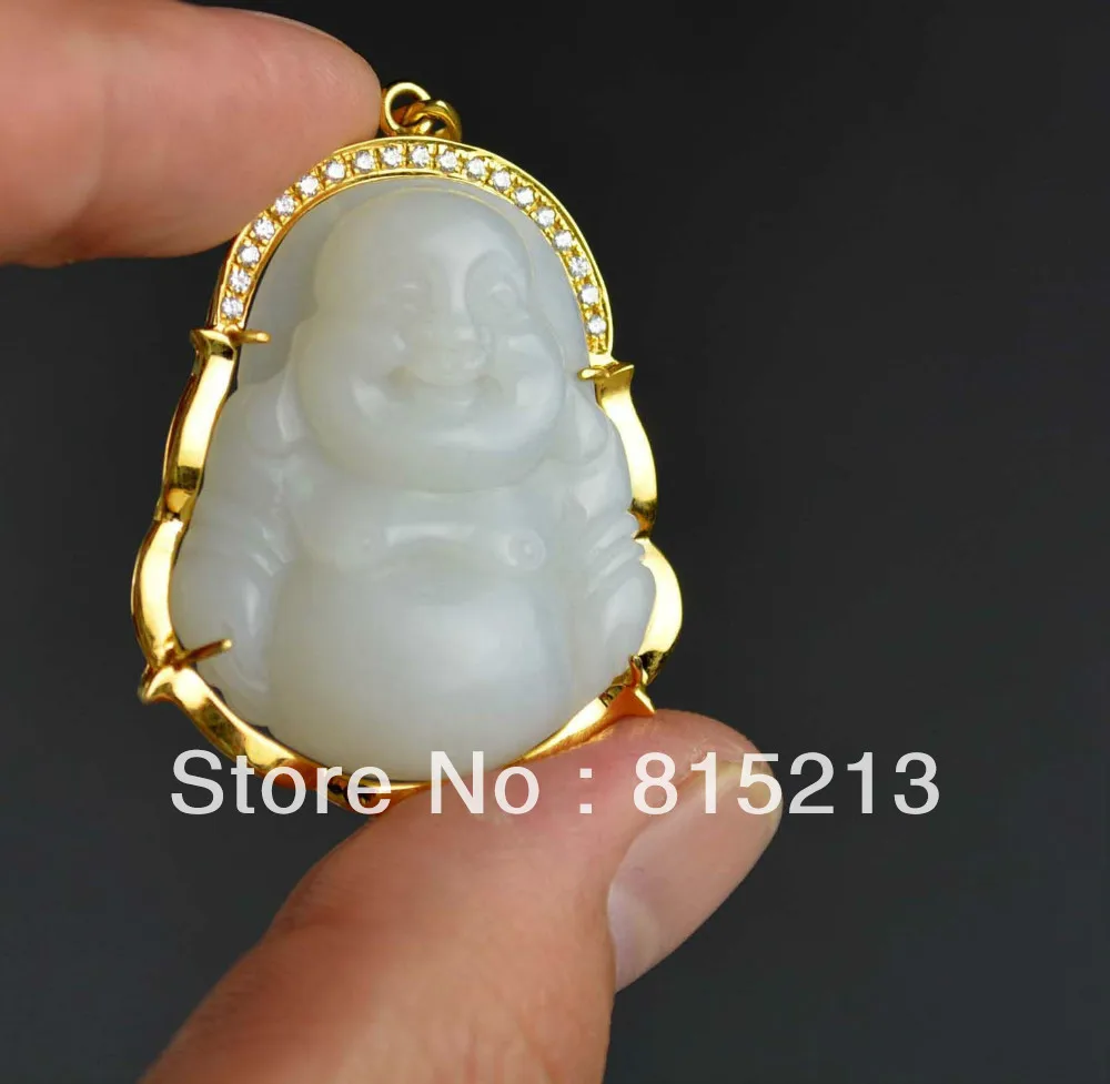 

N579 24k gold real hetian white jade jadeite necklace pendant happy buddha 28% Discount