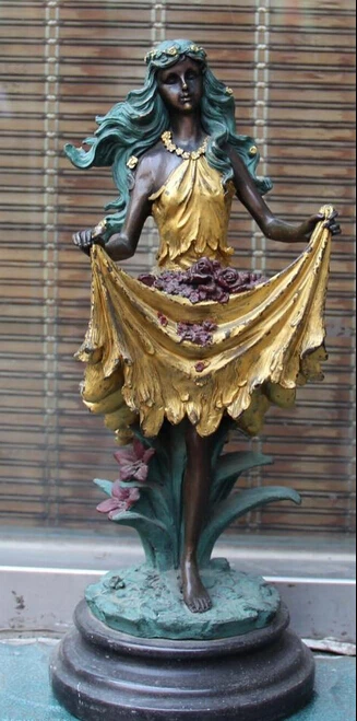 

14" China Western Bronze Gilt Marble Belle Woman Girl Lady Goddess Flower Statue R0711 (B0413)