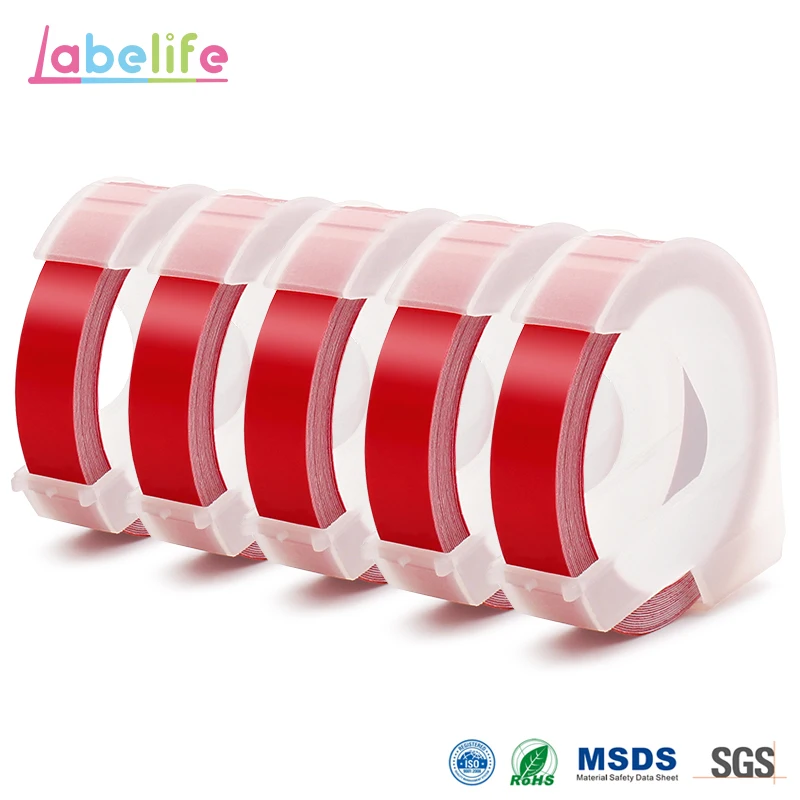 Labelife 5pcs 9mm *3m Dymo 3D Plastic White on Red Embossing Tapes for