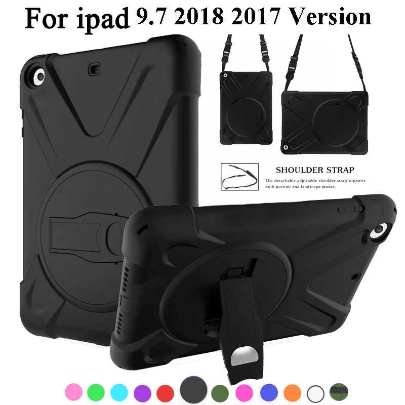 

New For iPad 9.7 2018 2017/ipad 2018 9.7 Case Cover Kids Safe Shockproof Heavy Duty Silicone+PC Kickstand Case+Shoulder Strap