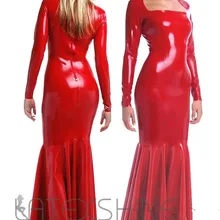 Сексуальные блестящие красные женские латексные Длинные вечерние платья в пол с длинными рукавами