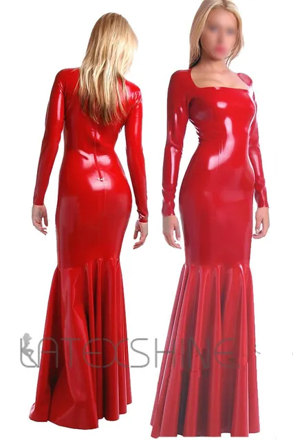 Sexy Floor Length Shiny Red Women Latex Long Party Dress with Long ...