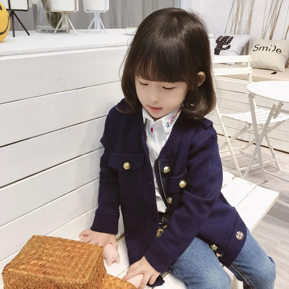 

Kids jacket blazer coat knitting outwear solid navy color boys girls jacket Gold button knitted jacket