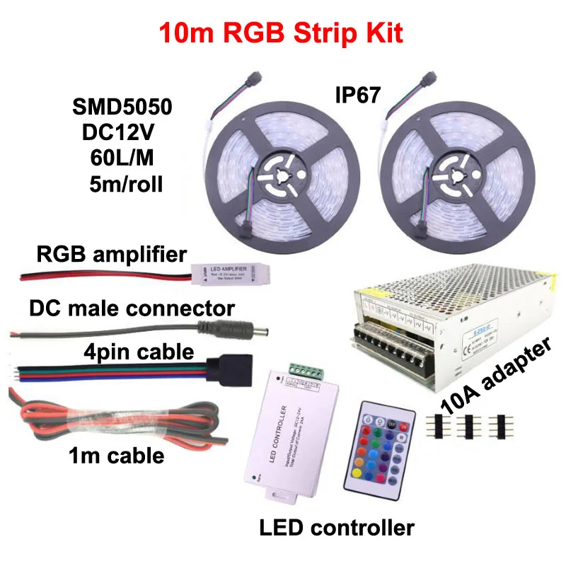 Наружная Светодиодная лента 5050 RGB лампа IP67 водонепроницаемый DC 12 В 60 Светодиодный s/m лента 5 м 10 м 15 м 20 м комплект с пультом дистанционного управления - Испускаемый цвет: 10m RGB Strip Kit
