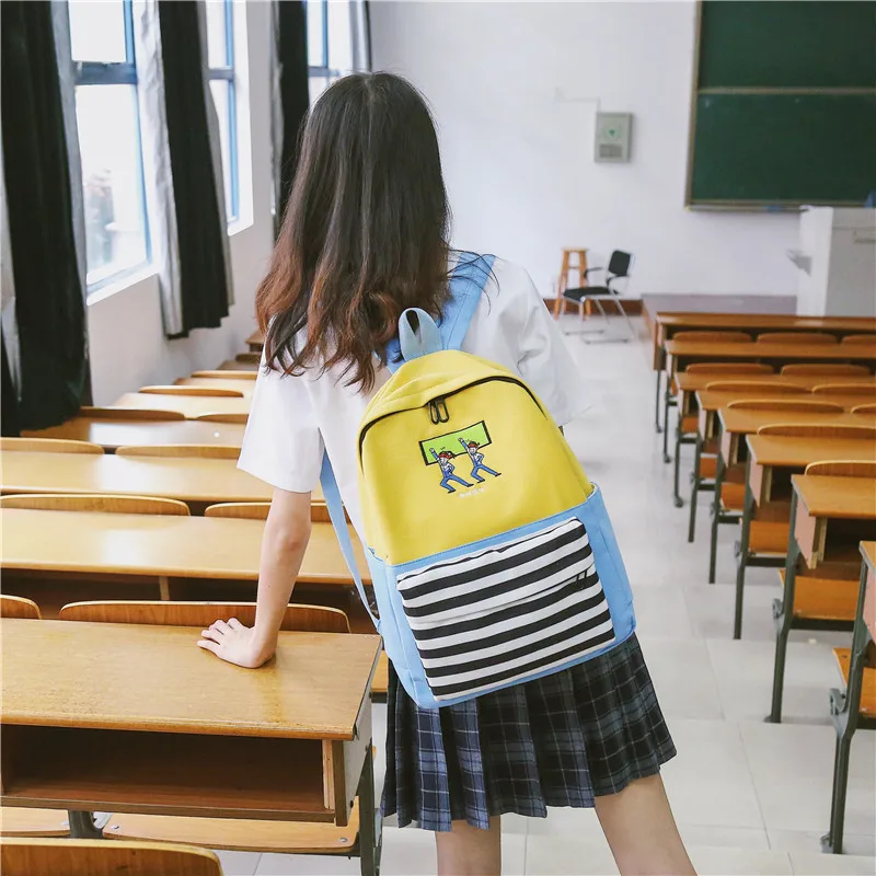 Menghuo School Backpacks for Teenage Girls Emboridery Women Canvas Backpack Female Cute Japan and Korean Backpack Travel BagsFZUF7848