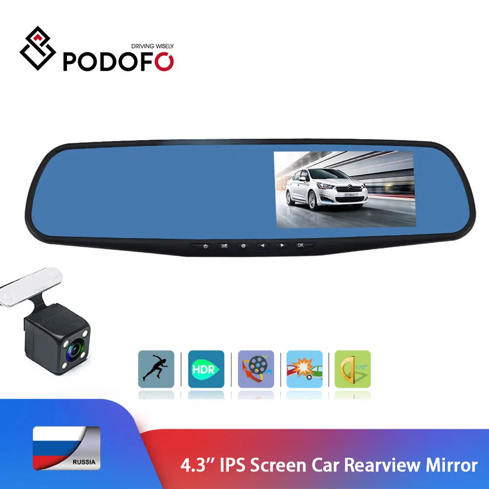 

Podofo 4.3 inch IPS Screen Car Rearview Mirror Video Recorder Registrar Car Camera Night Vision Car DVR Dual Lens Video Recorder
