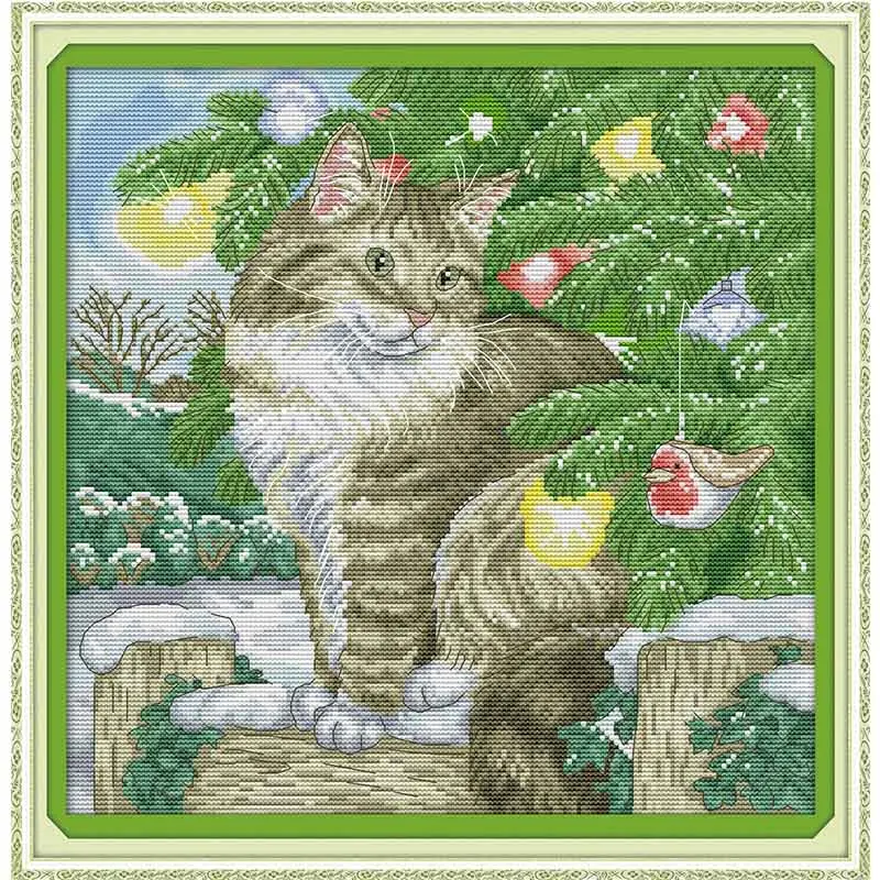 

Joy Sunday cross-stitch kits,mulina print Christmas cat birthday gift cross stitch embroidery Needlework home decoration