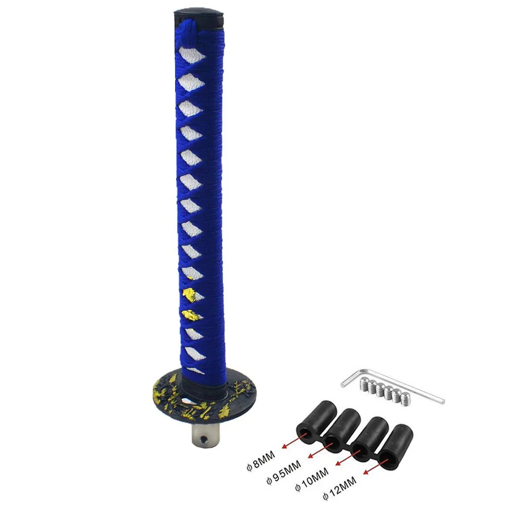 

Katana Shape Shift Knob Sword for Automobile Spare Part Speed Chrome Samurai Sword Handle - 265mm Blue & White With Adapters
