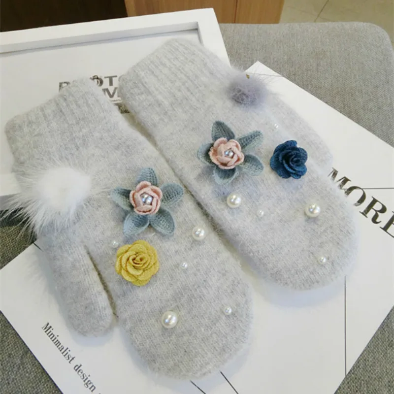 Корейский цветок жемчуг кроличий мех тёплая осенне-зимняя обувь женские повседневные модные перчатки варежки