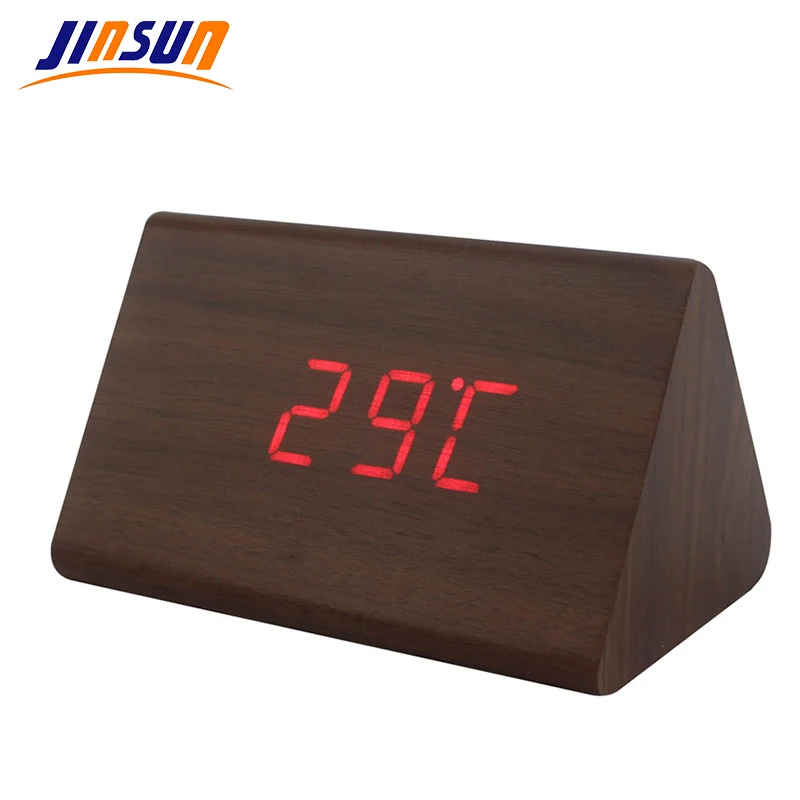 JINSUN Alarm Clock Modern Wooden Thermometer Desk Clocks LED Digital clock Sound Control Mini LED Table Clock