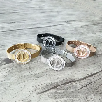 

4 Pieces Copper mirco pave cz zircon letter I Pendants,Chic circle charms big initials Strap bracelet jewelry For women BG193