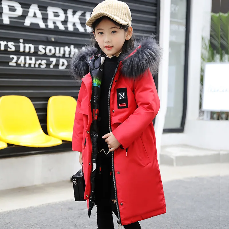 Зимние пуховые пальто для девочек детская двухсторонняя модная одежда верхняя одежда с меховым воротником детская теплая парка, пальто для девочек, От 6 до 16 лет