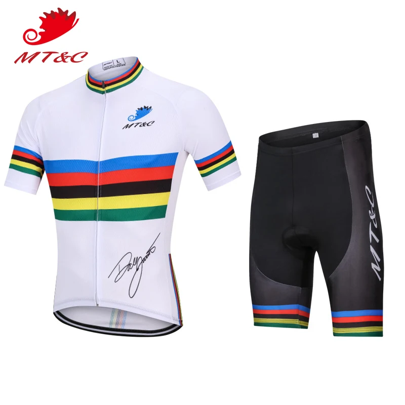 

MT&C Man Cycling Jersey Set Summer Colors Stripe White Elastic Sport Tights Clothes Quick Dry 9D Gel Pad Bicycle Sportswear