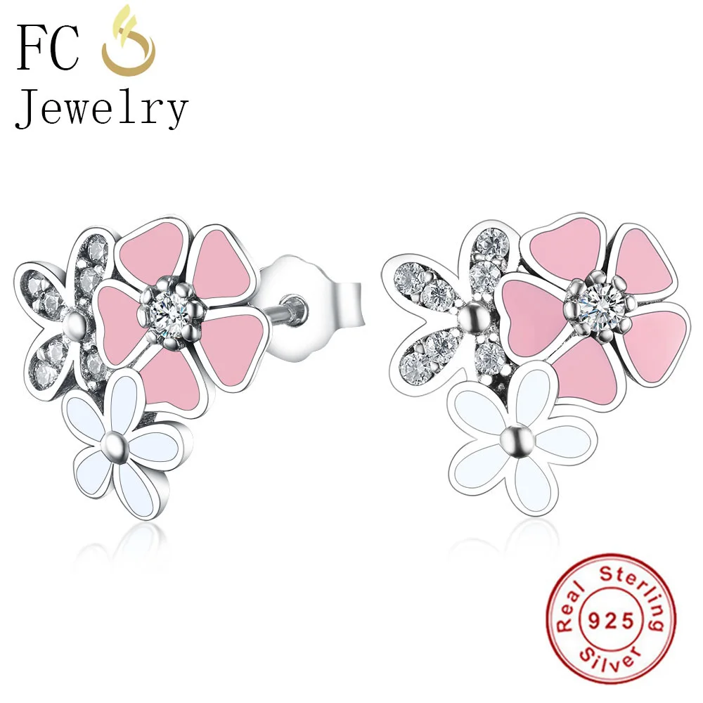 

FC Jewelry 925 Sterling Silver Korean Multicolor Pink Enamel Cherry Blossom Flower Zirconia Crystal Women Stud Earrings Brinco