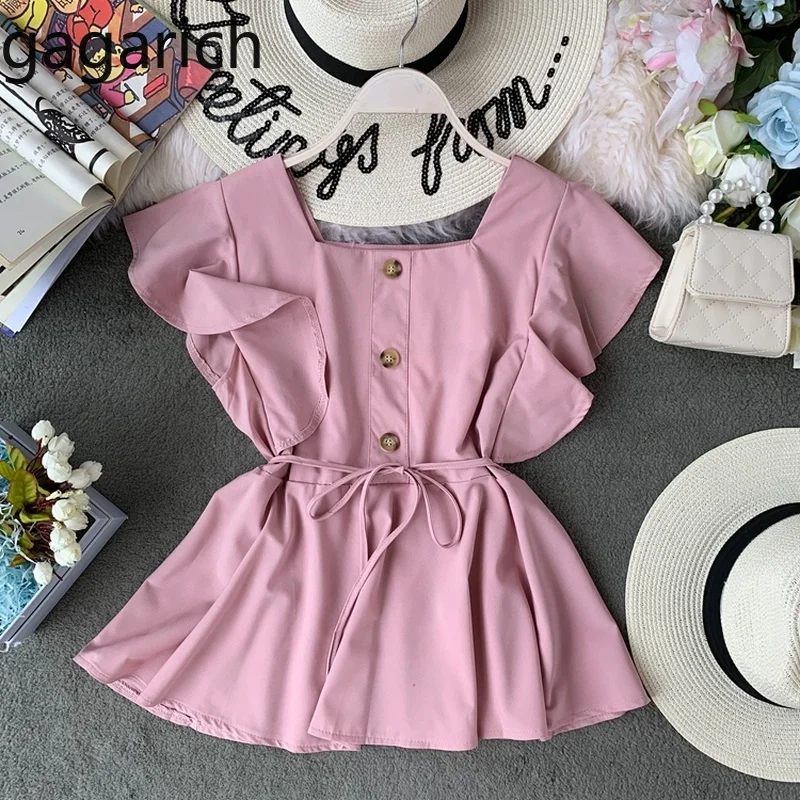 

Gagarich Women Blouse 2019 Belt Waist Lotus Leaf Edge Shirt Square Collar Sleeveless Solid Ladies Fashion Tops