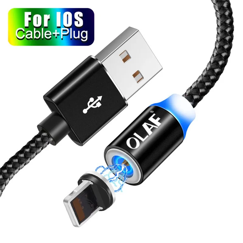 OLAF 2 м светодиодный магнитный USB кабель для iPhone Xs Max 8 7 6 usb type C кабель и оплетка Micro USB кабель для samsung Xiaomi huawei USB C - Цвет: For 8Pin Cable Black