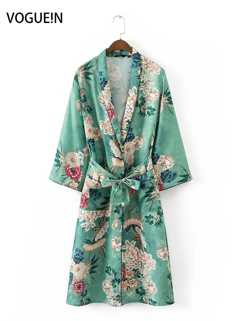 

VOGUEIN New Womens Retro Floral Print Green Kimono Tie Belt Cardigan Coat Outwear Wholesale