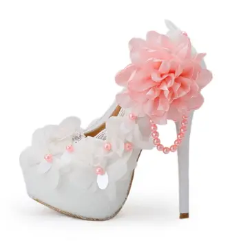 

Pink white lace bg flower wedding shoes bride lady party pearls NQ077 beading flowers girl party dinner ceremony pumps shoe
