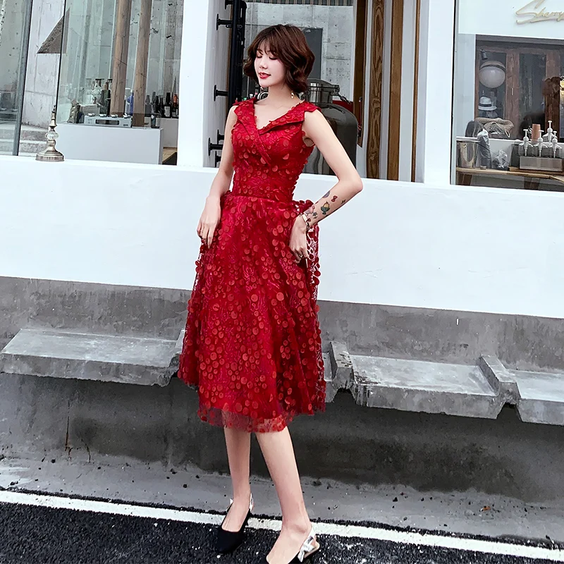 Wine Red Evening Dresses Long 2019 A-Line V-Neck Prom Dresses Lace Flower Robe de Soiree Evening Party Gown LF364