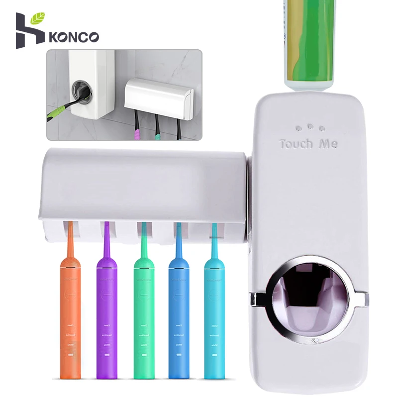 

KONCO Automatic Toothpaste Dispenser Dust-proof Toothbrush Holder Wall Mount Stand Bathroom Accessories Set Toothpaste Squeezers
