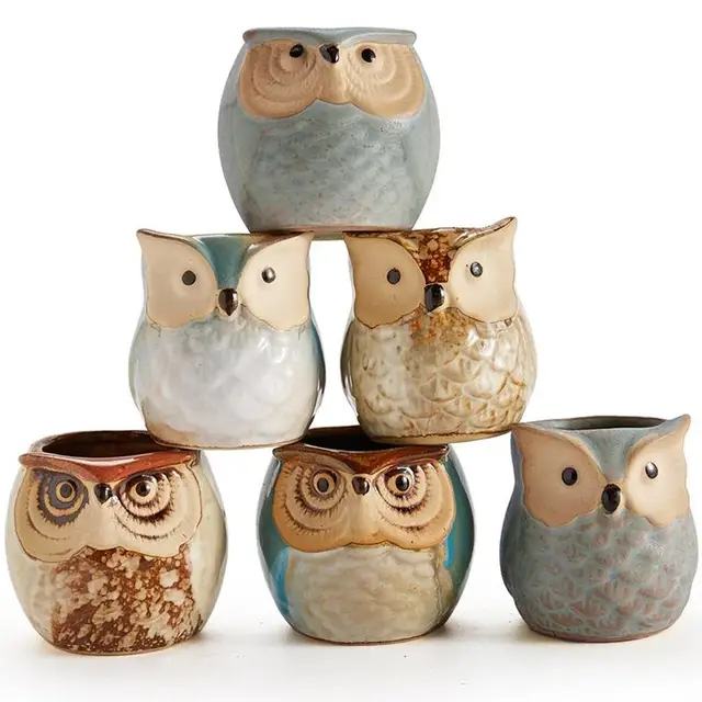 AsyPets 6pcs Ceramic Owl Plant Pot Flowing Glaze Base Creative Flower Container as Decorations-35