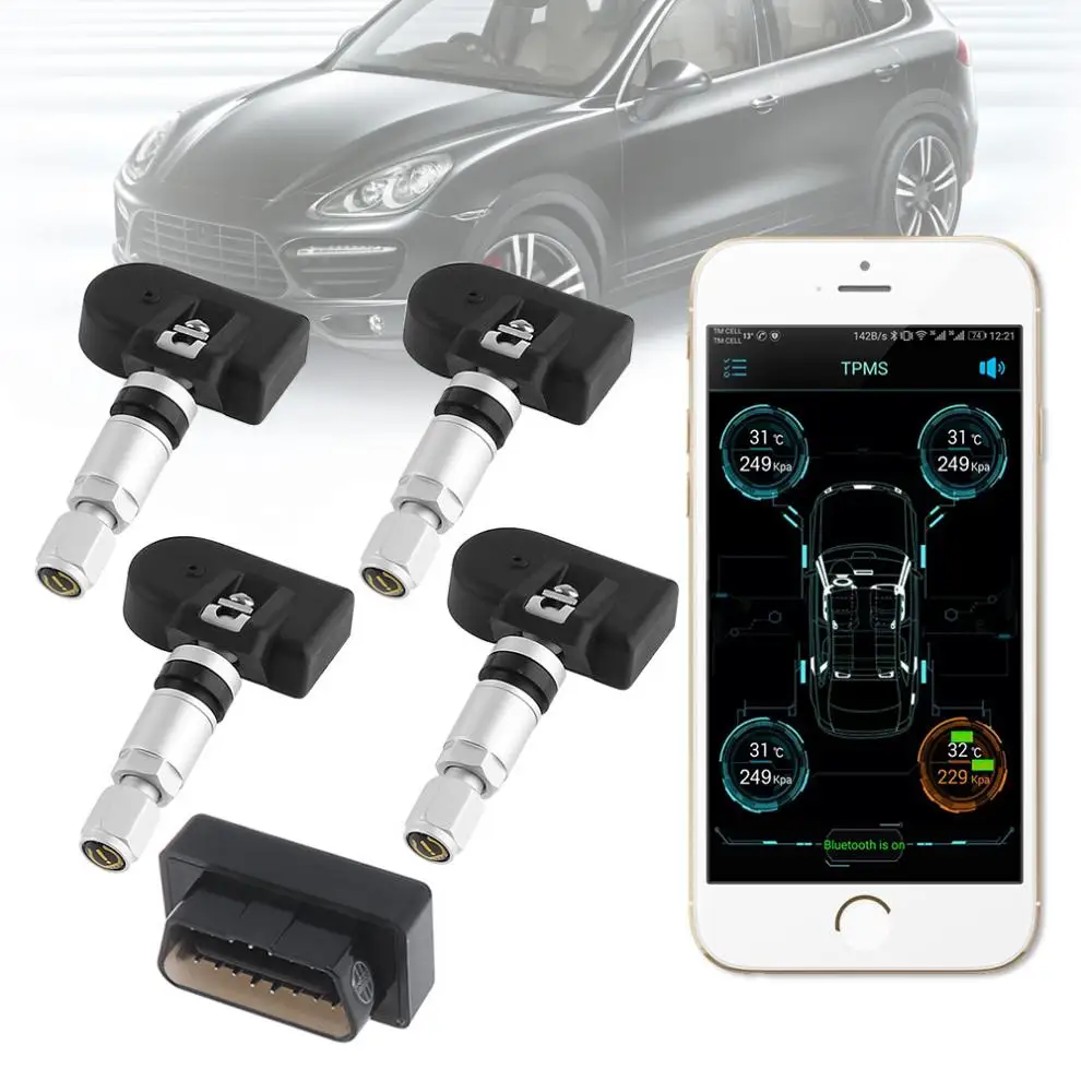 

4pcs Smart Car TPMS Bluetooth 4.0 OBD Tyre Tire Pressure Monitoring System APP Display Bult-in Sensors Support IOS