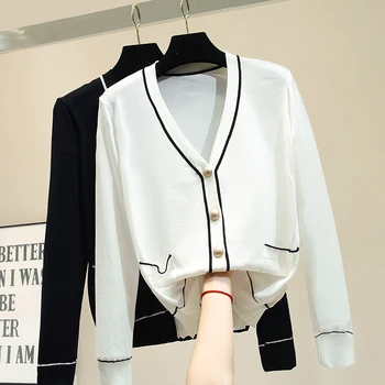 

Sun Protection Clothing Female 2019 New Spring Autumn V Neck Long Sleeve Knitted Sweaters Single Breasted Women Knitting Tops