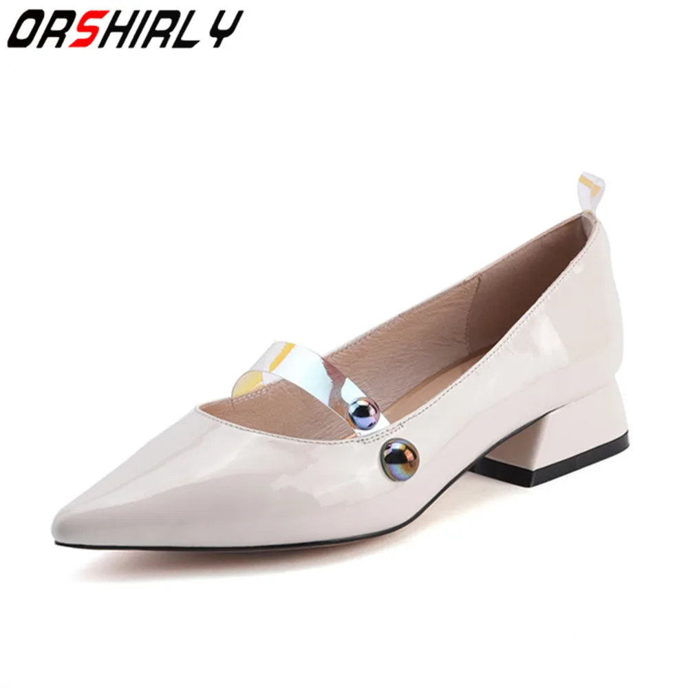 

Orshirly new design women pumps genuine leather square heel pointed toe office-career fashion shoes handmade plus size 34-40