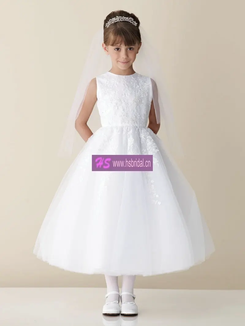 A line Scoop Satin Tulle White First Communion Dresses High Quality